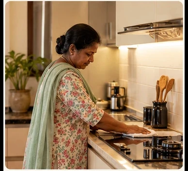 Household helper working in a home kitchen