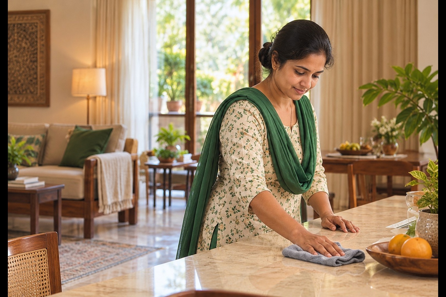 Household helper cleaning a table in a welcoming home